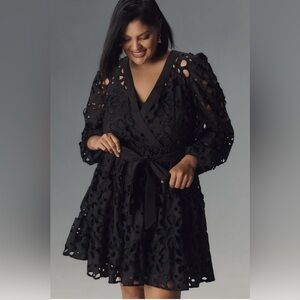 Eloquii Plus Long-Sleeve V-Neck Eyelet Wrap Mini Dress